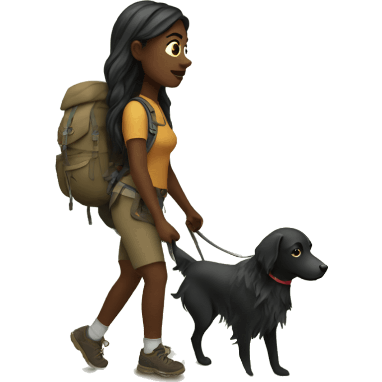 Dark woman long hair hiking with dog emoji