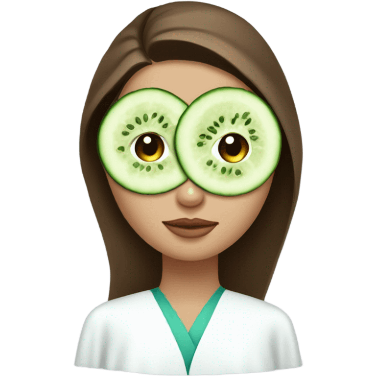 Girl with freackles Brown hair white skin and blue eyes wears Green colored texture skin care mask all over her face while She relaxes and puts two round piece of cucumber on her closed eyes In a white Robe emoji