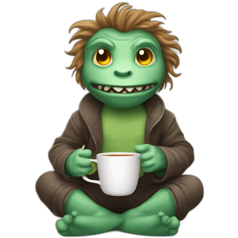 A cartoony creature sitting on floor with a cup of tea motioning  and beckoning the viewer to sit next to him emoji