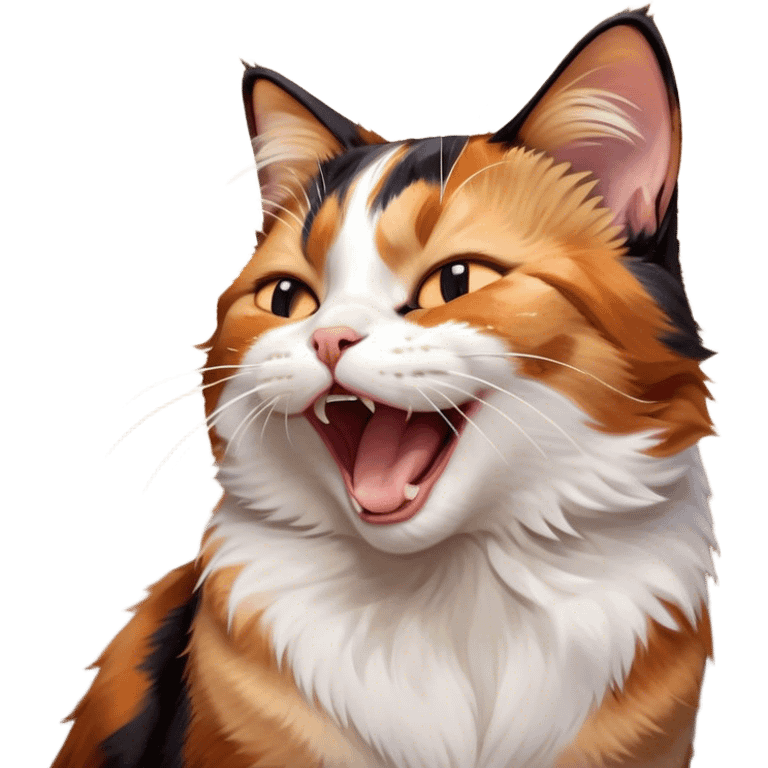 Cinematic Cute Yawning Calico Cat Portrait Emoji, Head tilted mid-yawn with a charming, relaxed expression, showcasing a soft patchwork fur of vibrant orange, black, and white, simplified yet irresistibly adorable, highly detailed, glowing with a cozy, gentle radiance, high shine, exuding sleepy yet endearing charm, styled with a soft glowing outline, capturing the essence of a calico cat caught in a delightful yawn that seems ready to cuddle up for a nap! emoji