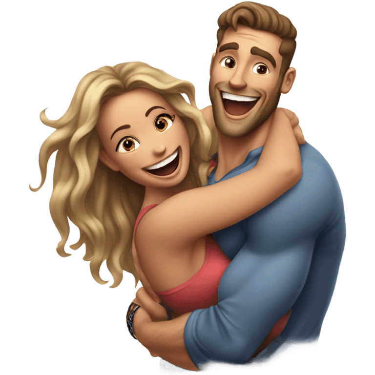 Hyper Realistic beautiful woman getting a piggy back off a handsome tattooed man laughing  emoji