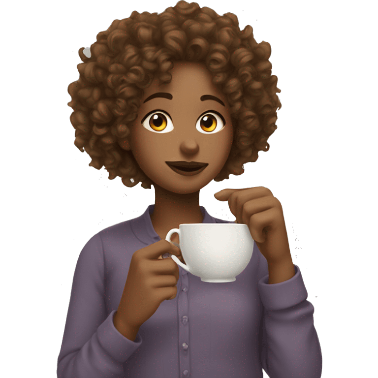 Girl sipping tea curly hair emoji