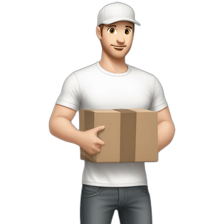 Pale skinned fit Man with dark brown hair in a light gray cap, dark brown jeans, brown polo and white T-shirt keeping a pasted with tape white box into his hands emoji