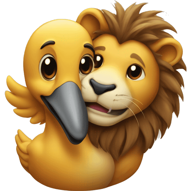 lion and duck hugging each other and super happy emoji