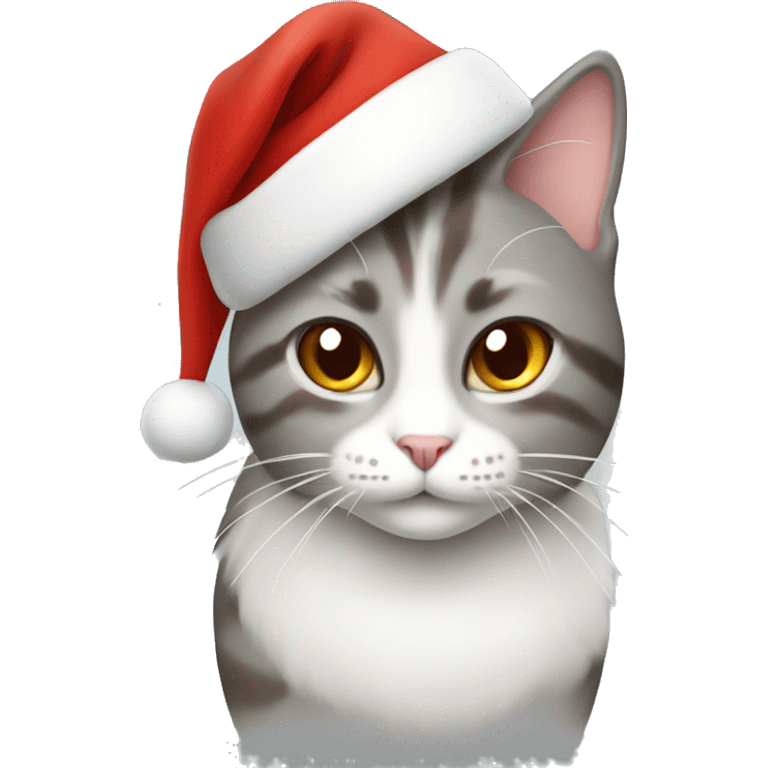 Grey white and brown cat with christmas hat emoji