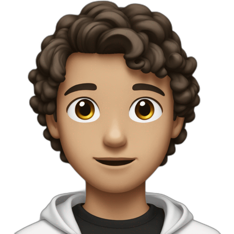 a teenager boy with big brown eyes and middle parted long coiled brown hair, wearing a black t-shirt with white airpods emoji