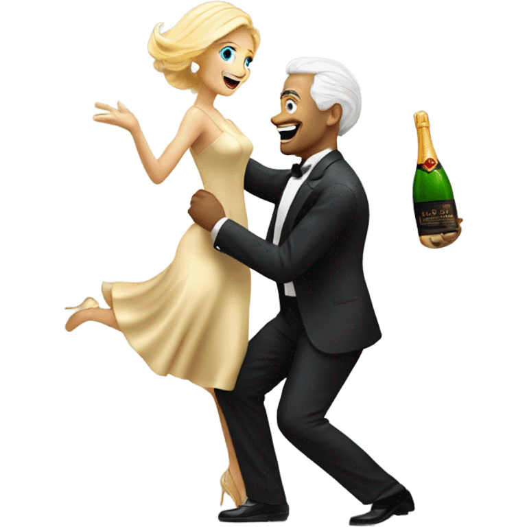 A fifty years man and a blonde woman dansing with a bottle of champagne by night emoji