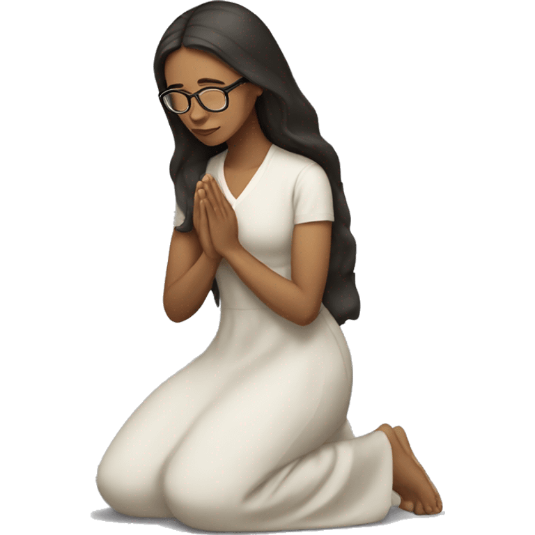 A woman kneeling praying, in a long dress, long dark brown hair and glasses emoji