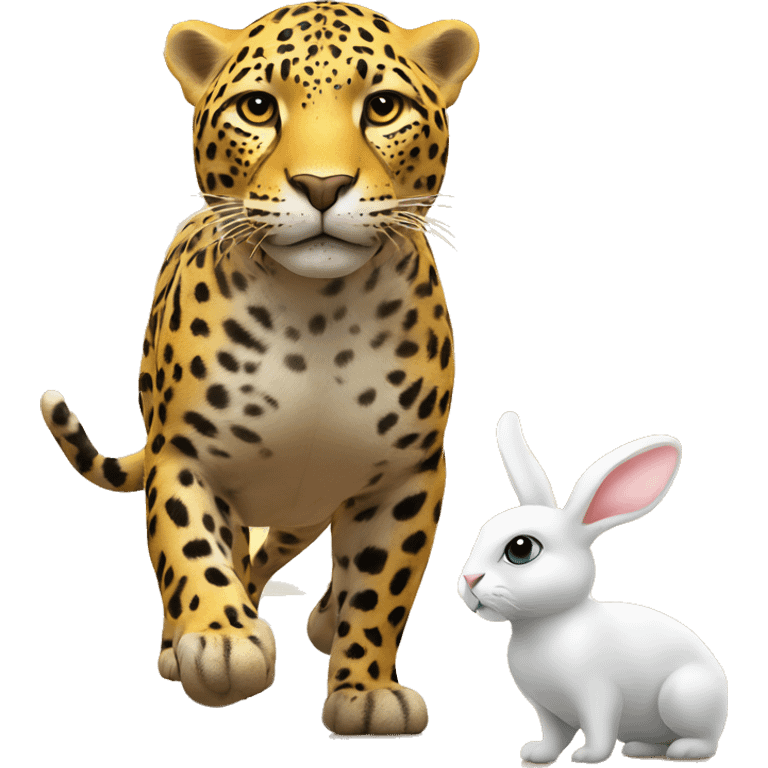 A yellow Jaguar walking on a beach with a white rabbit during sunset  emoji