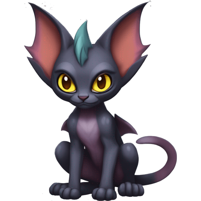 Black edgy Noivern-Litten-Sphynx-Lykoi-Caracal-cat-Fakemon with big bat ears full-body emoji