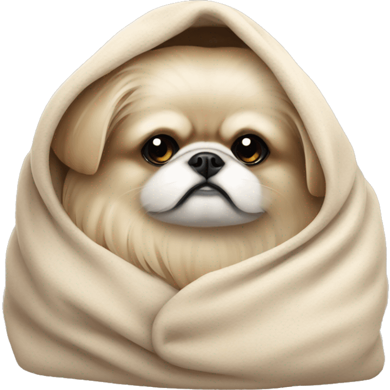 White Pekingese cozy in beige blanket emoji