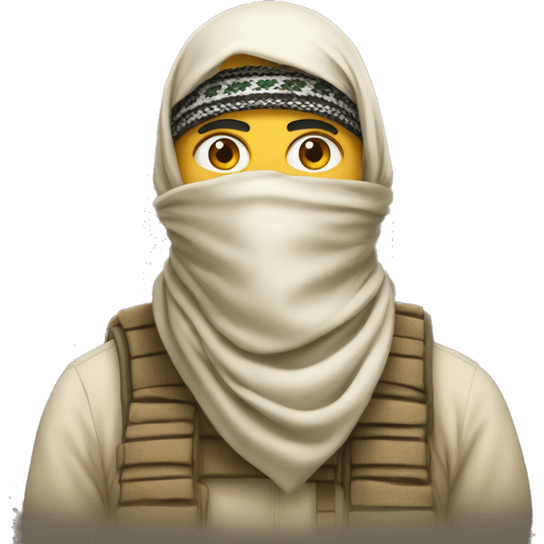 Emoji Proposal: A man wearing a shemagh (traditional military-style scarf) wrapped around his head and covering his mouth and nose, with only his eyes visible. Represents desert protection, military use, or cultural tradition. emoji