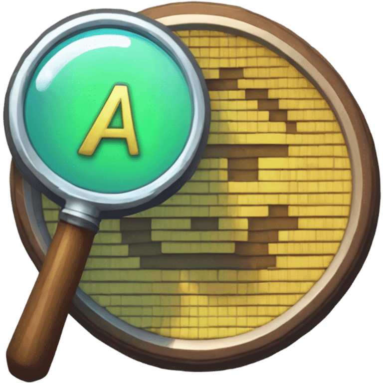 logo in a pixel art style featuring a magnifying glass as the central element. Inside the circular lens of the magnifying glass, place a pixelated letter 'A' emoji