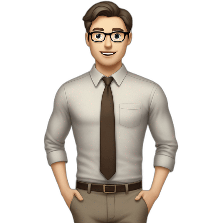 Pale skinned fit man with dark brown hair in gray jacket, beige office shirt, brown tie, brown pants and vintage glasses Writing on the flipchart emoji