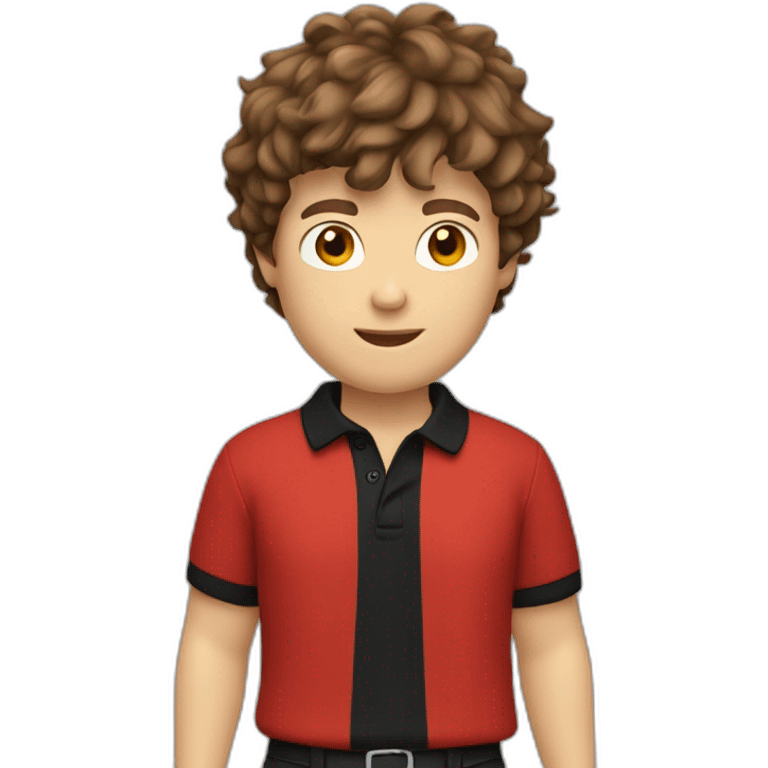 Caucasian-boy-child-shaggy-brown-hair-red-polo-shirt-black-trousers emoji