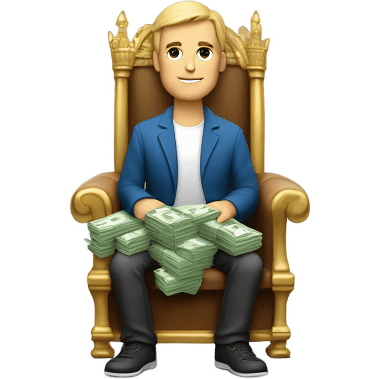 Caucasian Man sitting on a throne of cash with a laptop emoji