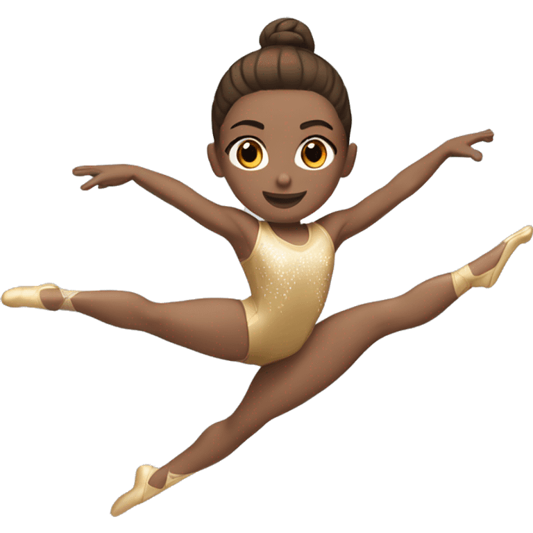 a gymnast with brown hair and brown eyes doing a leap with legs straight emoji