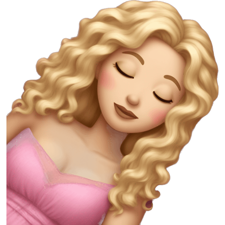 gorgeous white woman with long blonde curly hair sleeping on pink princess bed emoji