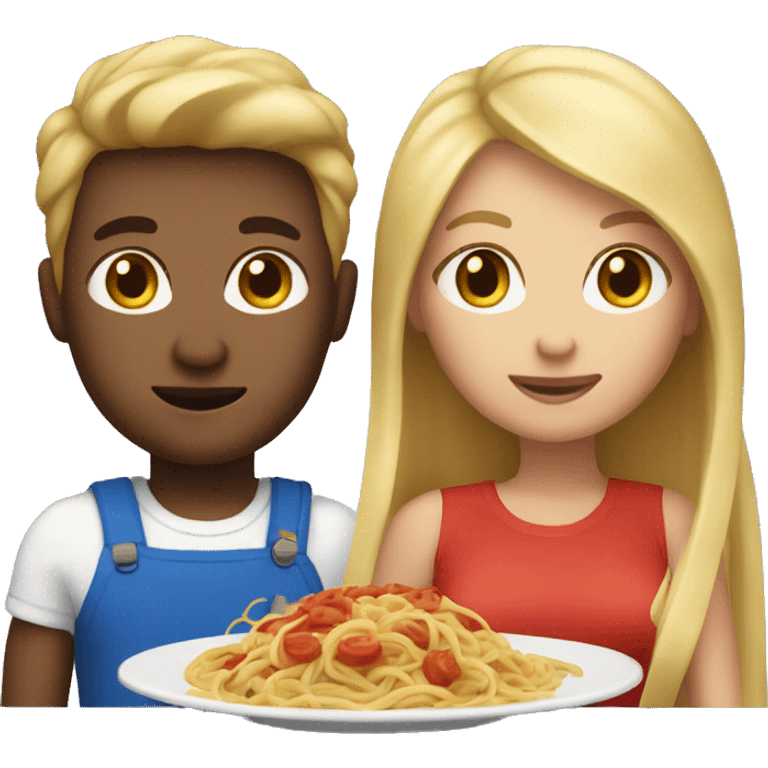 couple with light skin and dark blonde hair and blue eyes eating spaghetti emoji