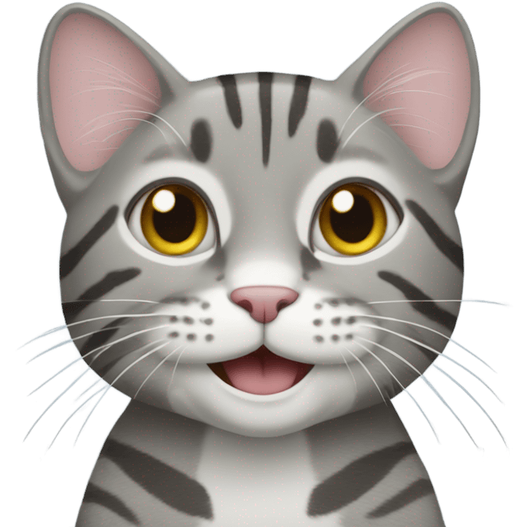 Gray tabby cat smiling with eyes half open emoji