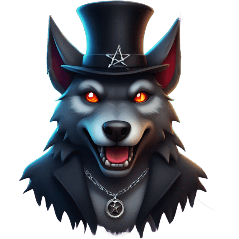 demon wolf with a pentagram top hat and a demonic chain with a mysterious night background emoji