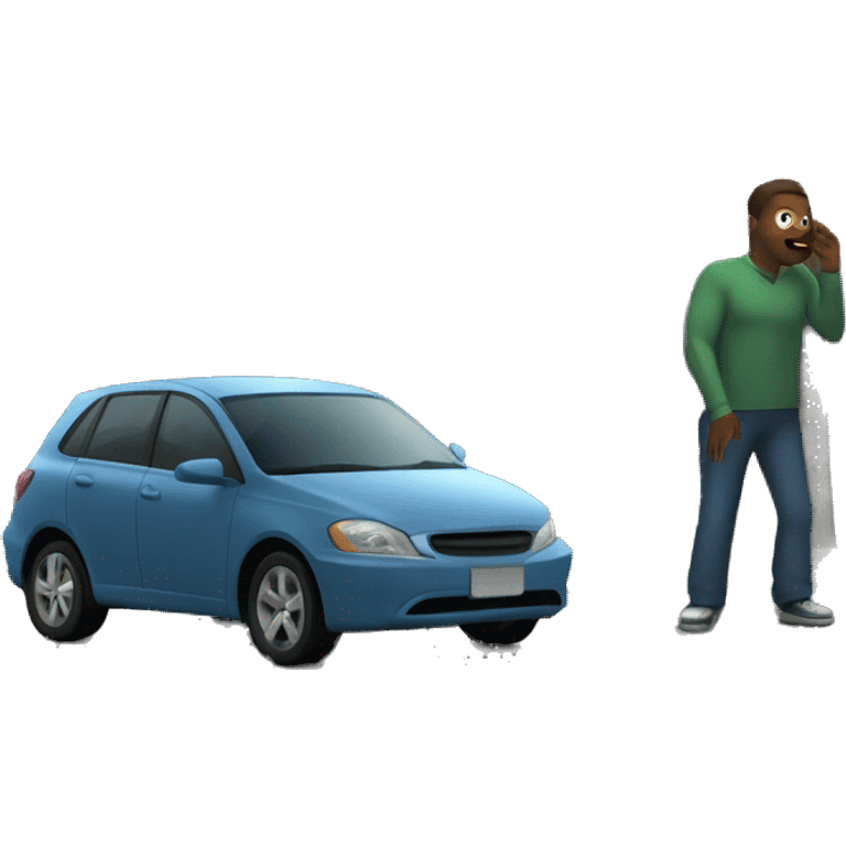 This emoji app in a humanoid figure on the corner of a street in a dark city. There is a car pulled up next to it, and this emoji is speaking with the man in the car, asking about a price. emoji