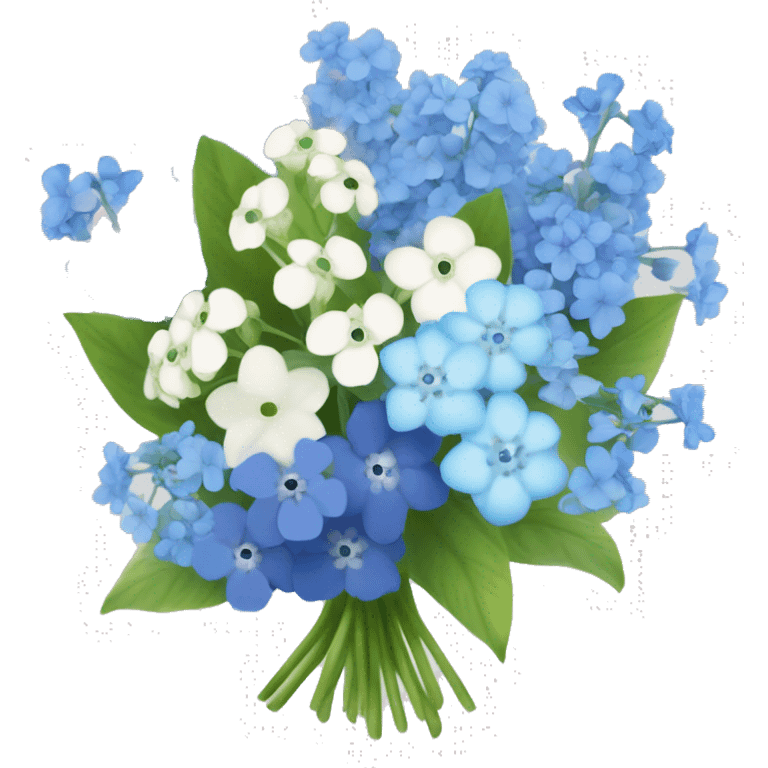 bouquet of baby breaths, delphiniums, forget me nots, and blue hydrangeas  emoji