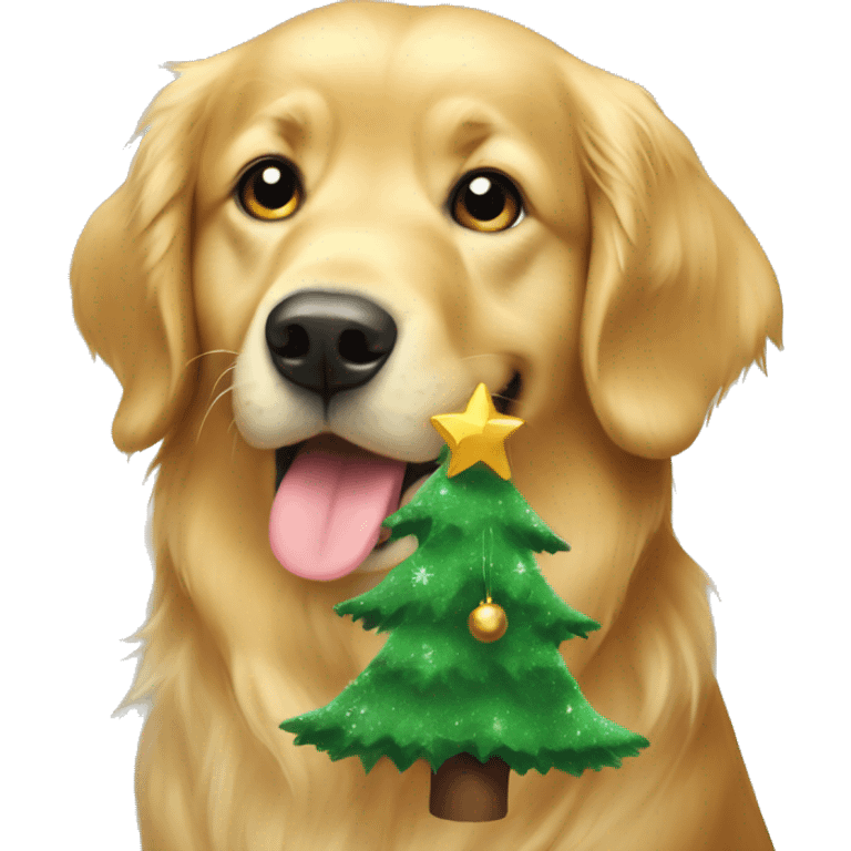 christmas golden retriever with christmas tree  emoji