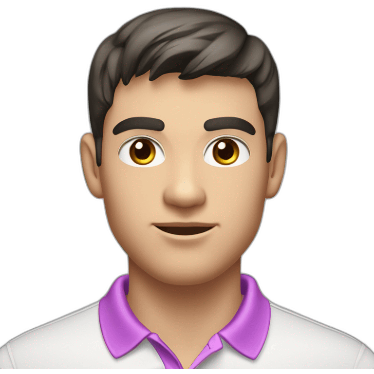 young handsome man with straight short dark hair and dark eyes with large eyelashes and plump pink lips protruding cheekbones in a sports polo shirt emoji