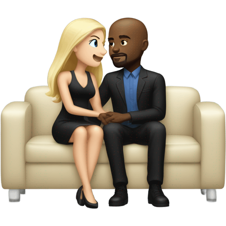 Blonde woman with blue eyes and long straight hair wearing a short black dress and a black man who is bald with a goatee seated together on a sofa enjoying a loving kiss.   emoji