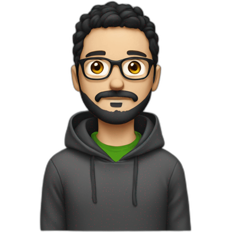 Young white man with black hair moustache and beard wearing a hoodie and glasses emoji