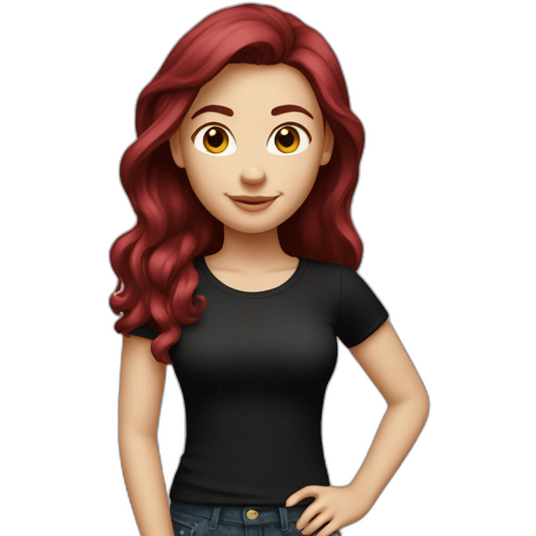 a white girl with burgundy hair in a black T-shirt emoji