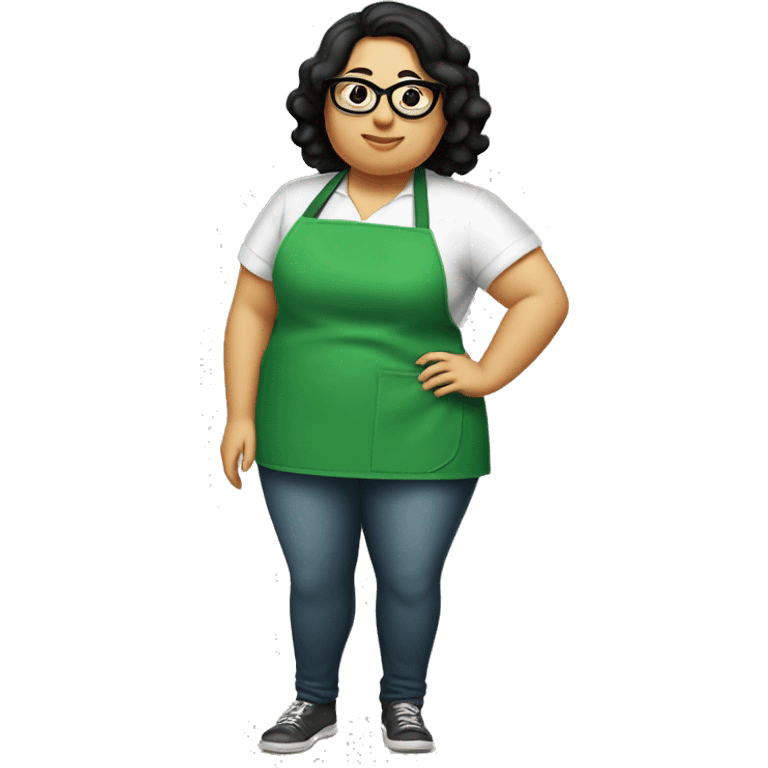 chubby lady with black hair green apron  with glasses cooking tacos emoji