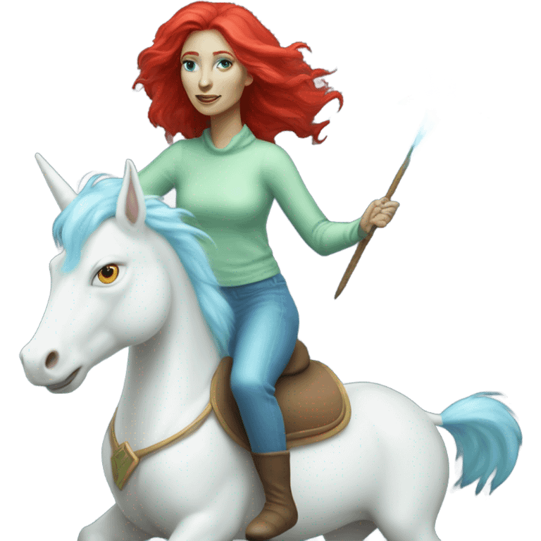 [
	{ woman: alien, color: light green, hair:red, eyes:blue} ]
	on a 
	[{ unicorn: white, legged:six, mane: light blue }] emoji