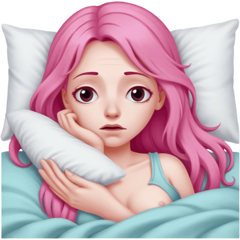 Woman with long pink hair In bed with sinus pain  emoji