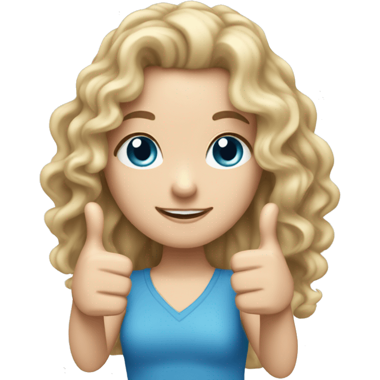 White girl with long not nde curly hair blue eyes holding thumbs up emoji