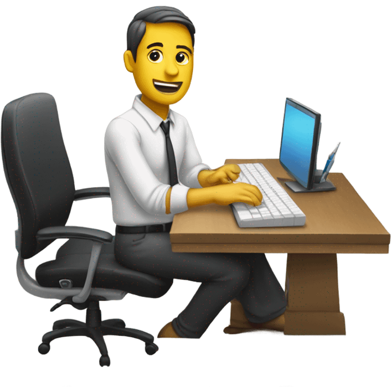 yellow skin man using white keyboard on desk wearing white button down shirt front view emoji