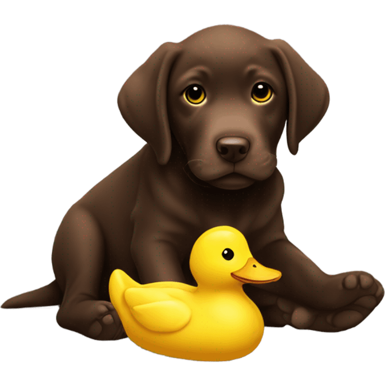 Chocolate lab puppy with big yellow duck plushie emoji