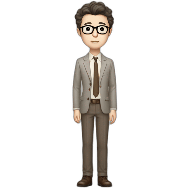 Full height Pale skinned Fit Man With dark brown hair in gray jacket, beige office shirt, tie, Brown pants and vintage glasses. Thrumbs of his palms directed up emoji