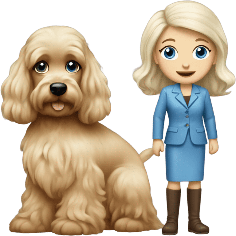 Old blue eyed blonde lady with long straight hair with dark brown Cockapoo puppy dog emoji