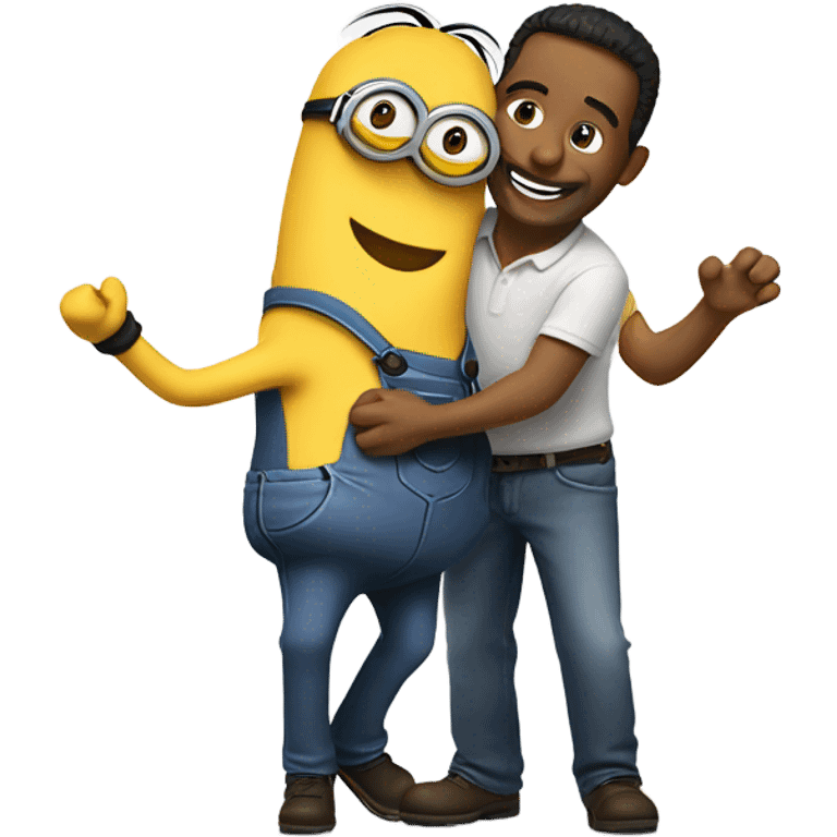 men hugging a minion emoji