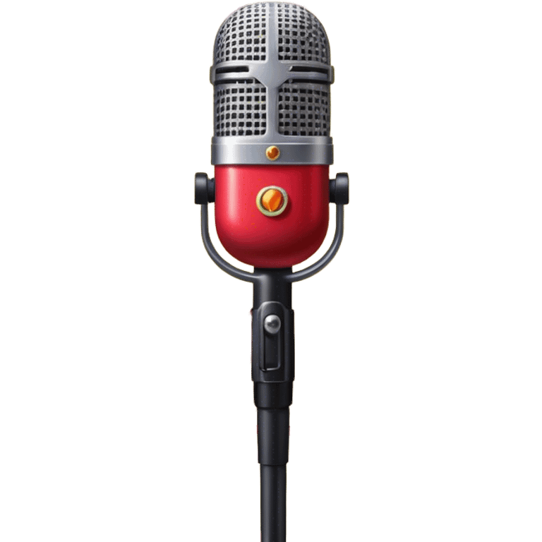 Create a vibrant and dynamic emoji that represents pop vocal performance without people. The design should feature a close-up of a classic stage microphone (retro-style) with a lanyard, set against a stage background. Add concert lighting, a celebratory salute of confetti or fireworks in the background, and musical notes forming a ribbon, symbolizing the performance and creativity of pop vocals. Include subtle elements like a formal stage costume to emphasize the professional aspect. Use bright, bold colors like gold, red, and neon to reflect the energetic and glamorous nature of pop vocal performance. The background should be transparent. emoji