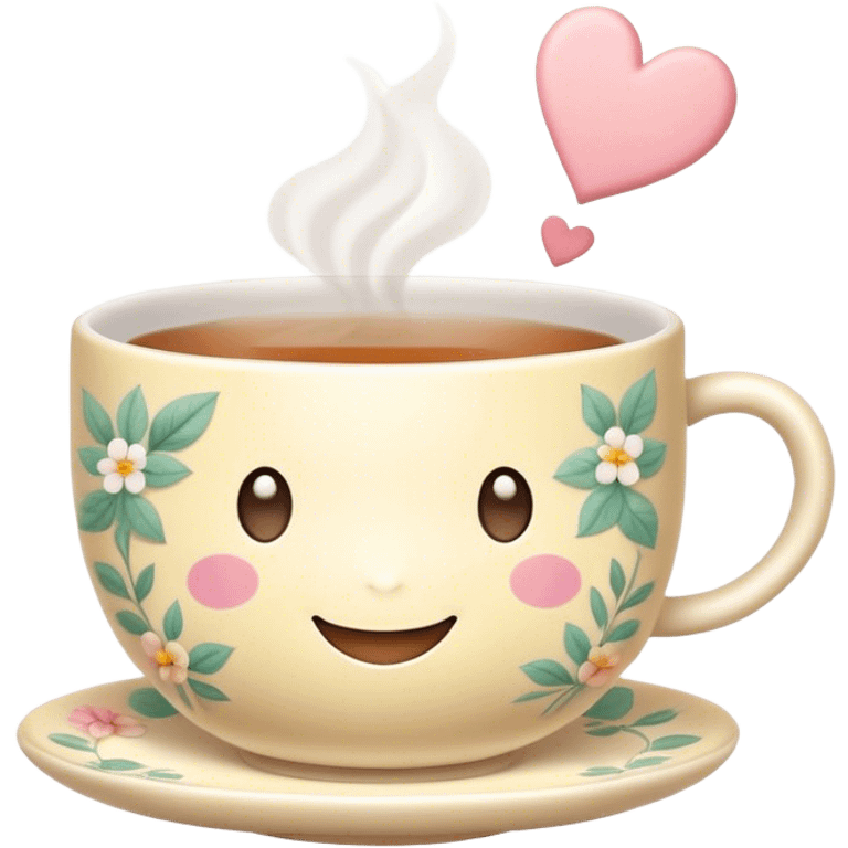 Cute Kawaii Tea Cup, steaming with warmth, a charming smiling face, soft pastel tones, delicate floral patterns, a tiny heart-shaped tea bag tag, cozy and inviting! emoji