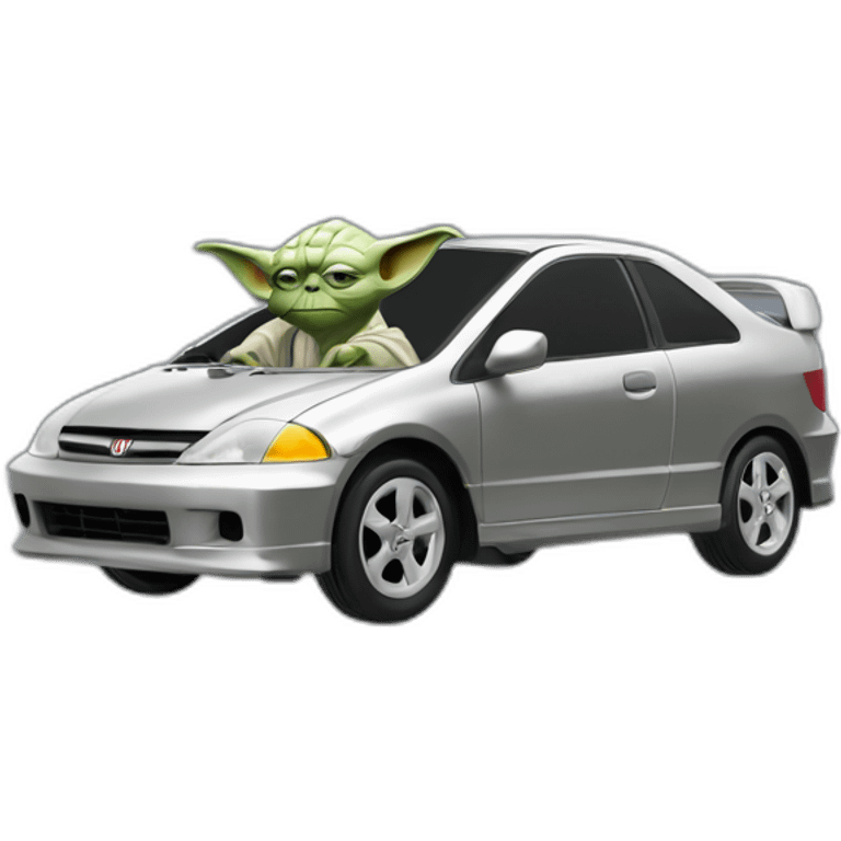 Yoda driving a silver 2001 Honda civic (he had too much ketamine) emoji