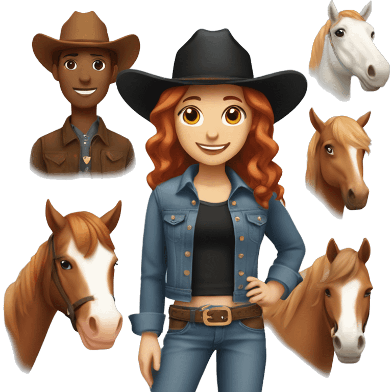 Girl with short red hair, with brown eyes, smiling, wearing a denim jacket and black shirt and a brown cowgirl hat, with her brown horse next to her that has a white spot on her forehead. emoji