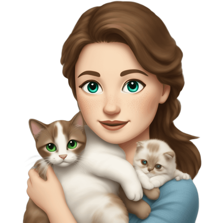 white woman with medium-length brown hair, green eyes and brown freckles on the face under the eyes, holding her sacre de birmanie kitten in her arms with much love, the baby cat has blue eyes, a lot of dark areas on ears and middle of the face. blue eyes emoji