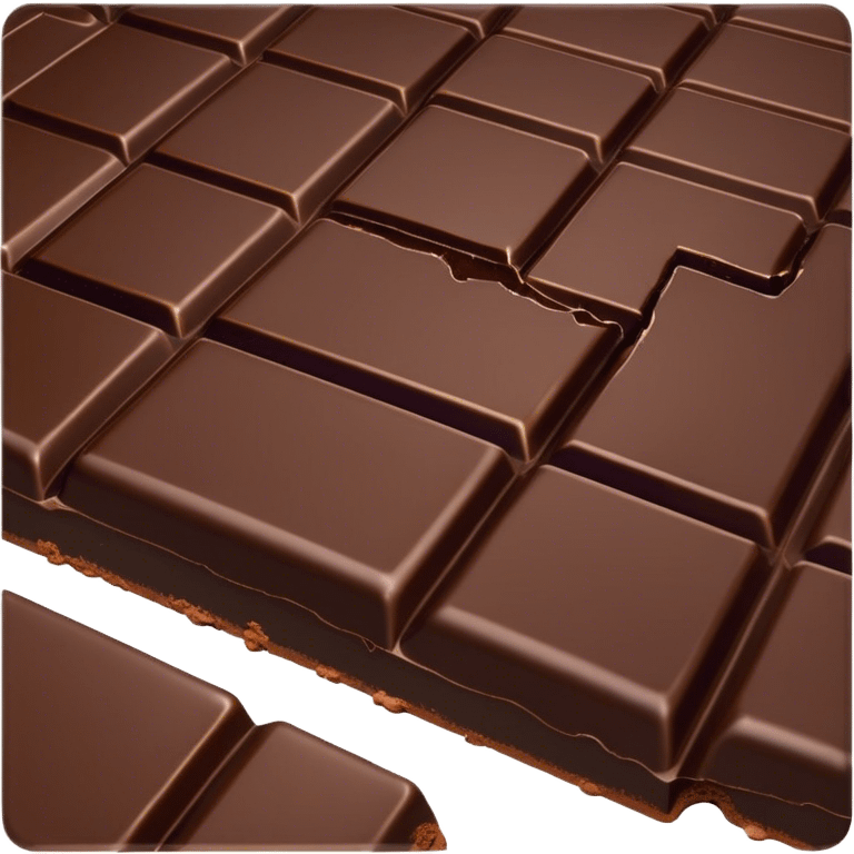 Cinematic silky dark chocolate bar, broken into perfect squares, rich cocoa tones, slightly melting edges, fine texture and decadent shine, warm golden highlights, tempting and rich. emoji