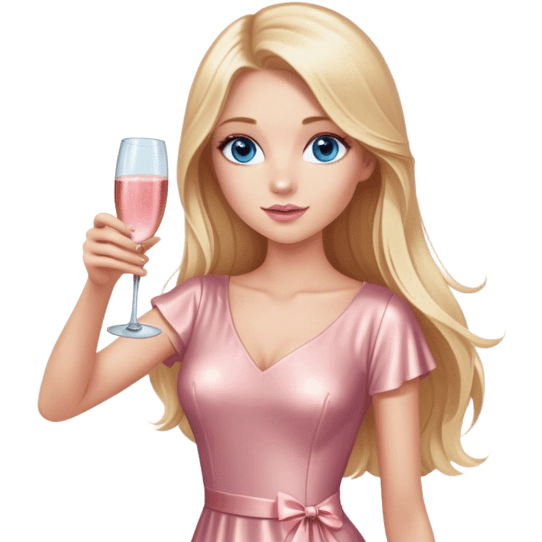 Pretty Blonde with long hair model, blue eyes, wearing a rose gold dress with short sleeves, raising a glass of pink champagne emoji