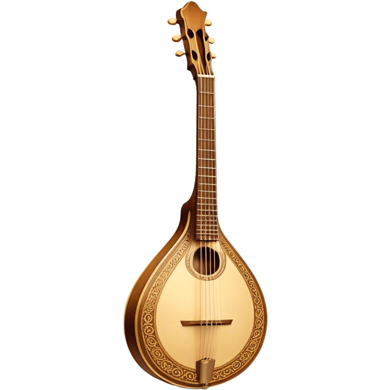 Bouzouki – Cinematic Realistic Bouzouki, depicted as a beautifully crafted Greek string instrument with a long neck and ornate fretwork, its polished wooden body reflecting warm golden light, set on a rustic background with soft shadows that evoke traditional Mediterranean music. emoji