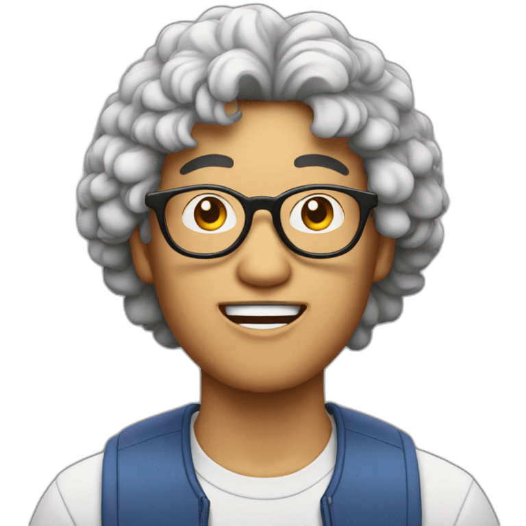 Asian man with round glasses and natural perm eating chicken emoji